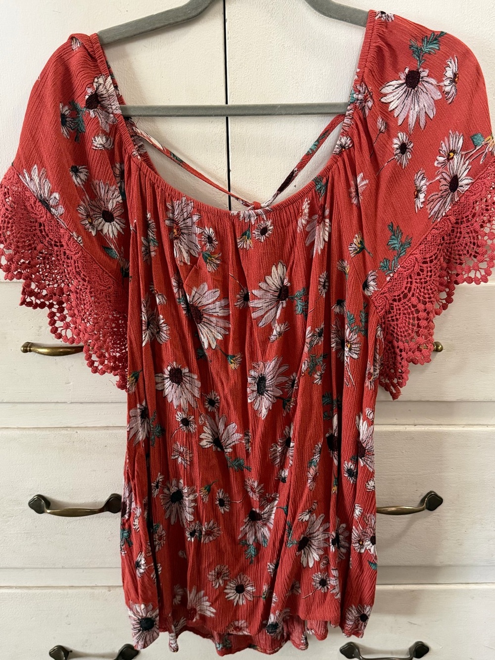 Maurices Red Floral Crochet-Sleeve Tunic